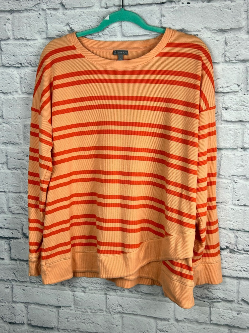 T by Talbots XL Peach Orange Striped Rib Knit Sweatshirt Long Sleeve Casual Top